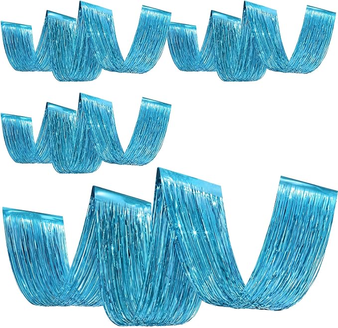 4 Pcs Light Blue 15ft Metallic Foil Ceiling Fringe Curtains, Party Decor Fringe by Breling