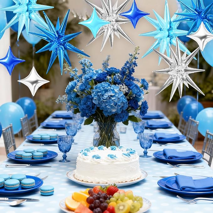TONIFUL 18Pcs 22Inch Blue Silver Large Explosion Star Mylar Balloons and 10Inch - Image 4