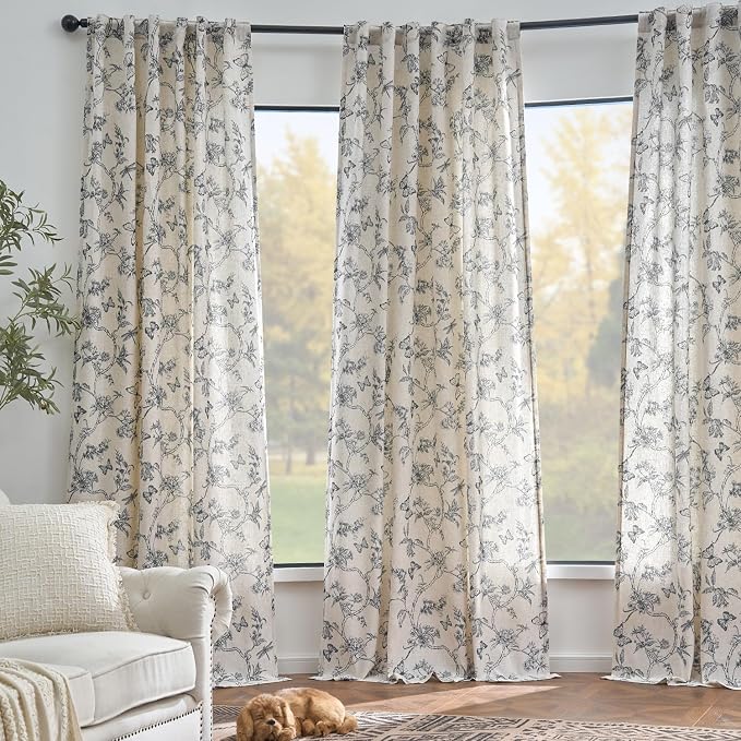 Black Floral Linen Lined Curtains Rod Pocket 50W X 96L 2 Panels | Charlotte - Image 7
