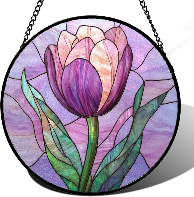 DASTOLL Stained Glass Window Hanging Purple Tulips Flower Large 15" by DASTOLL