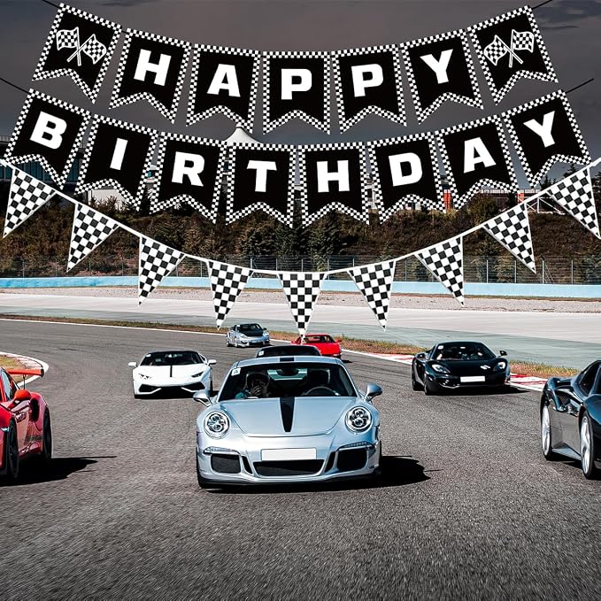 MEETINGU Black and White Checkered Flags and Race Car Happy Birthday Banner - Image 3