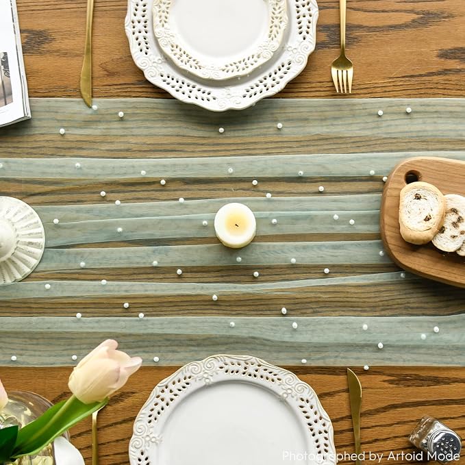 Artoid Mode Pearl Green Gauze Table Runner 120 Inch 10FT, Seasonal Sheer Dining - Image 2