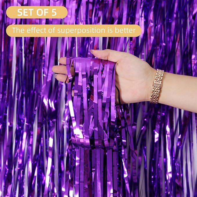 10 Pack Purple Backdrop Curtain 3.2ft x 8.2ft Metallic Tinsel Foil Fringe - Image 2