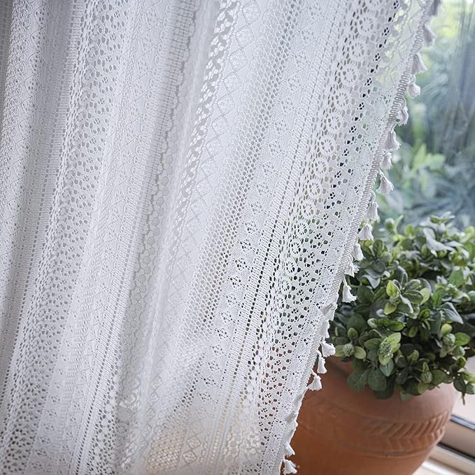 Sutuo Home White Crochet Boho Curtain 96 Inches Long, Sheer Lace Handmade - Image 7