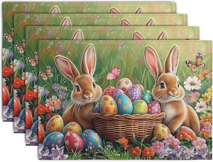 Easter Bunny Placemats Set of 4 Easter Colorful Eggs Floral Linen Fabric Table by Wnoesat