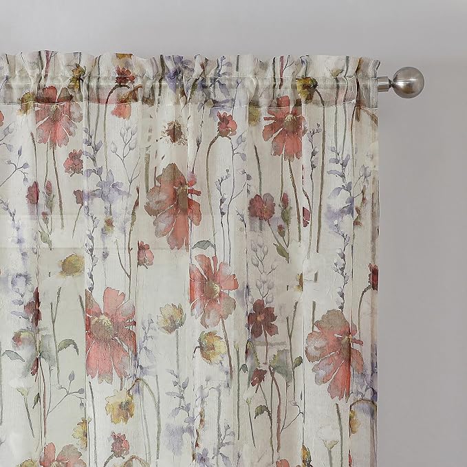 Crushed Sheer Cafe Curtains Kitchen Tiers 30 Inch Length 2 Panels, Printed - Image 2