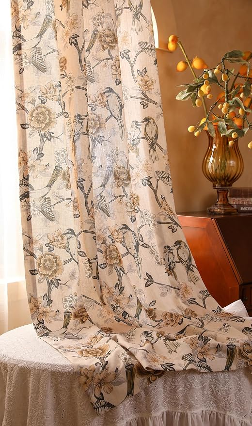 Designer French Linen Printed Curtains, 2 Panels, Bird and Flowers Pattern Draps - Image 8