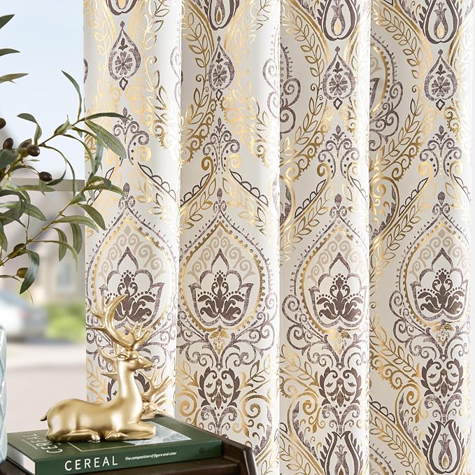 jinchan Gold Foil Blackout Curtains 63 Inch Damask Grommet 2 Panels | Room - Image 2