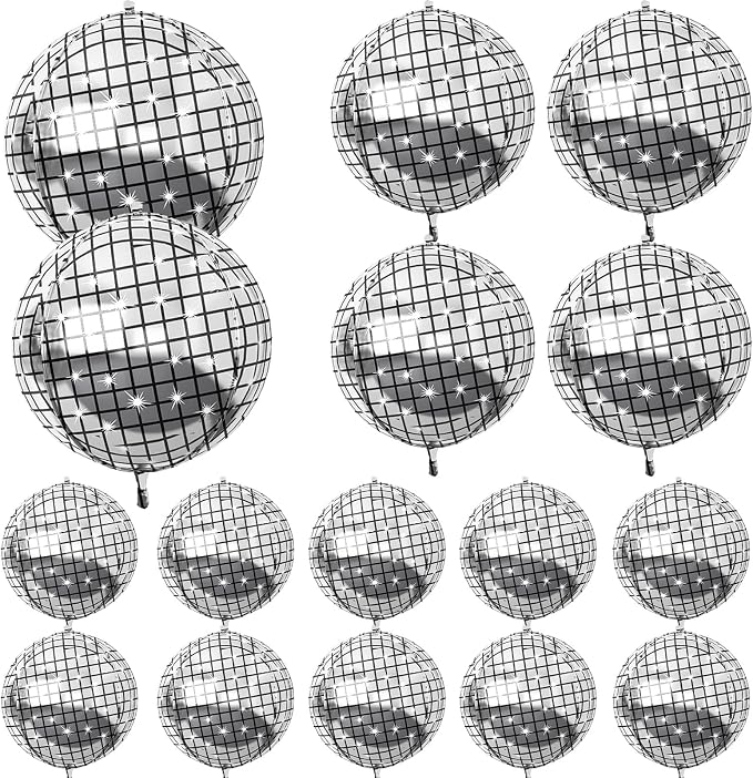 HILAVO 16PCS Disco Ball Balloons, 32in 22in 10in Large 4D Metallic Silver Disco by HILAVO