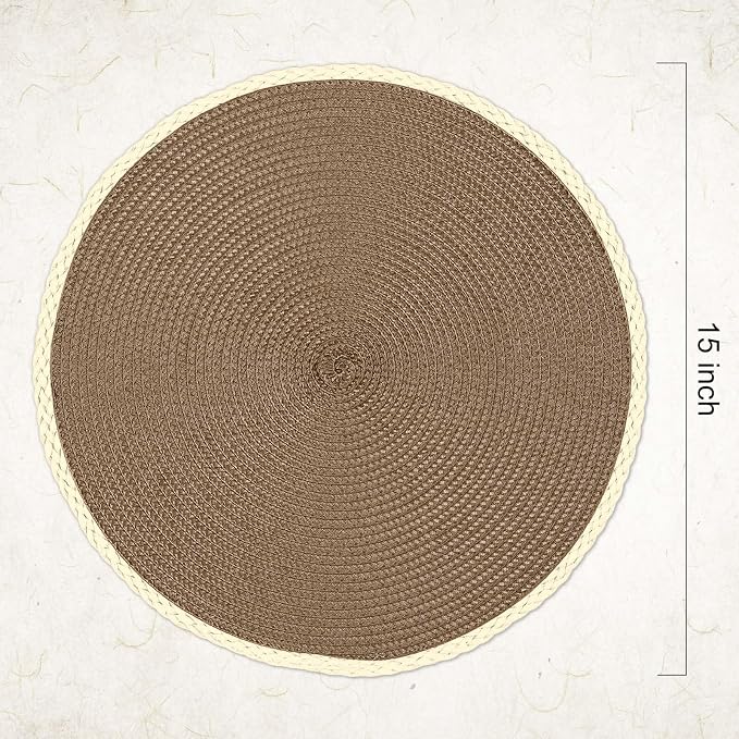 Round Placemats Set of 6, Woven Table Mats, Thin Edge, Coffee Brown | Braided - Image 2