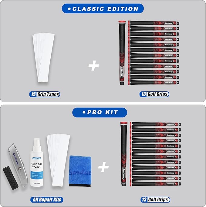 Geoleap Golf Grips Set of 13- Soft Golf Club Grips,Reduce Taper Design Provides High Traction and Performance,13 Grips with 15 Tapes and 13 Grips with All Repair Kits for Choice.