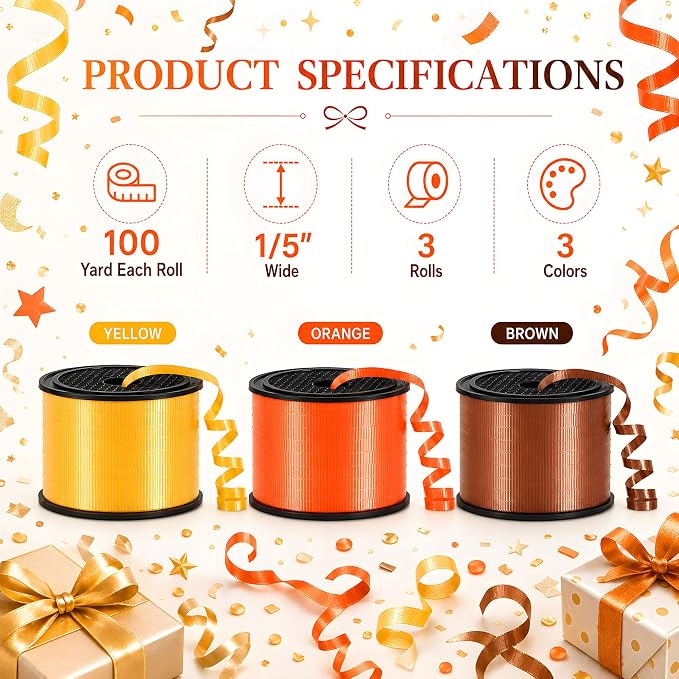 BEISHIDA 3 Pack 100 Yard Matte Orange Brown Yellow Curling Crimped Ribbon - Image 2