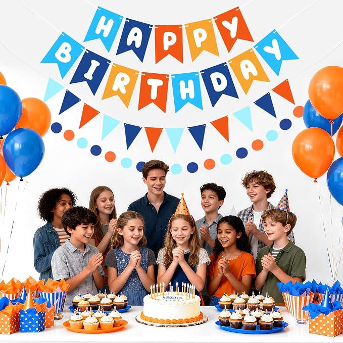 Blue & Orange Happy Birthday Banner, Happy Birthday Decorations Hanging - Image 4