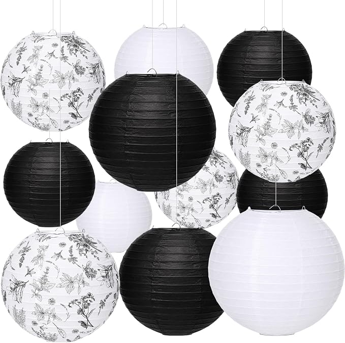 Riakrum 18 Pcs Floral Paper Lantern Set 10" 8" Black and White Round Lantern by Riakrum