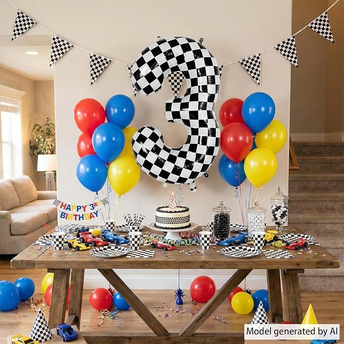 40 Inch Checkered Number 3 Balloon, Big Mylar Black and White Foil Balloons - Image 6