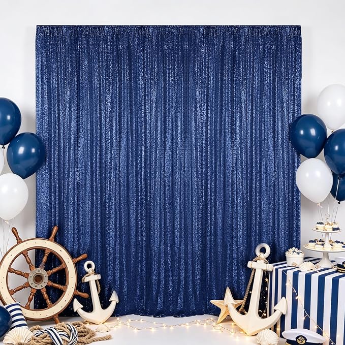 Hahuho Navy Sequin Backdrop Curtain, Party Decoration（4 Panels, 2FT x 8FT - Image 3