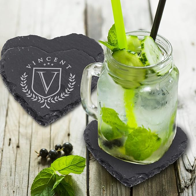 My Personal Memories Custom Engraved Slate Stone Drink Coasters Set of 4 - Monogrammed and Personalized (Heart)
