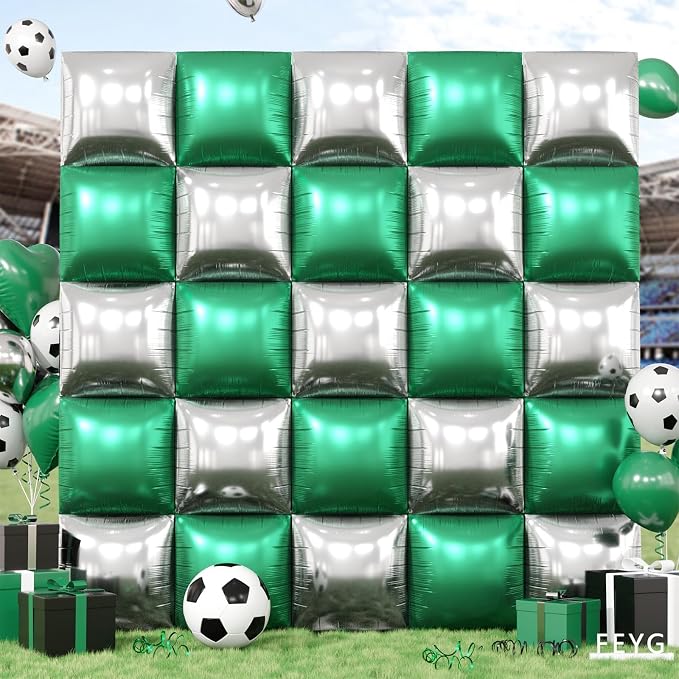 Metallic Green Silver and Black Soccer Square Foil Balloons Wall, 19 Inches by FEYG