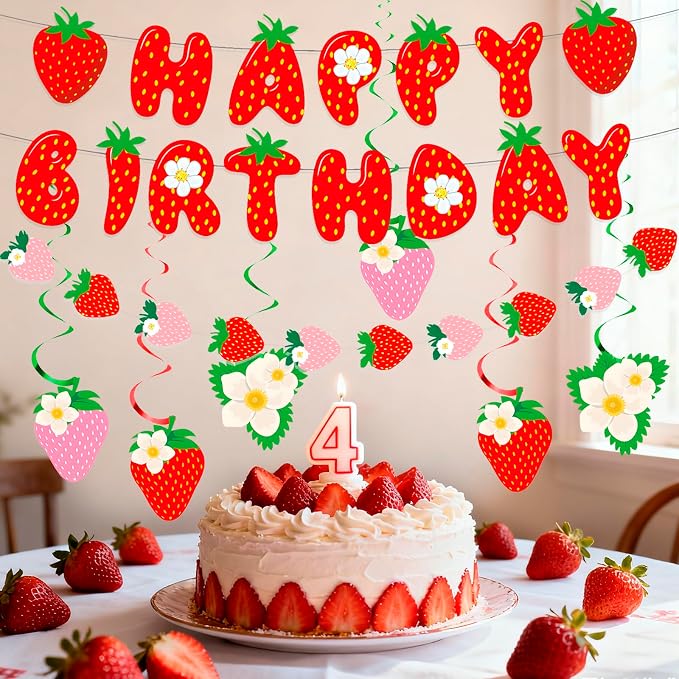 MEETINGU Strawberry Happy Birthday Banner Set, Strawberry Themed Birthday Party - Image 5