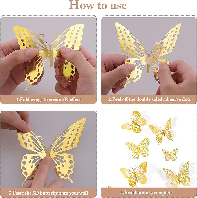 SAOROPEB 3D Butterfly Wall Decor 48 Pcs Gold Butterfly Birthday Decorations | 4 - Image 6
