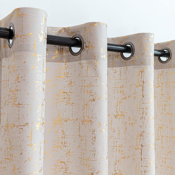 Taisier Home Gold Foil Print Linen Textured Curtains Geometric Dots Pattern - Image 2