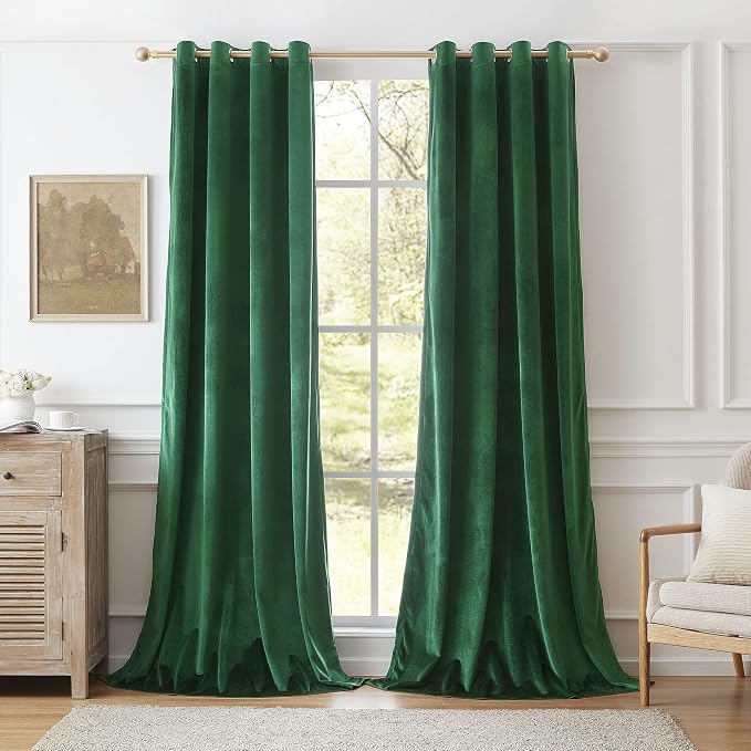 Velvet Green Grommet Blackout Curtains 84 inch Length by ModernShinyVelvetCurtains