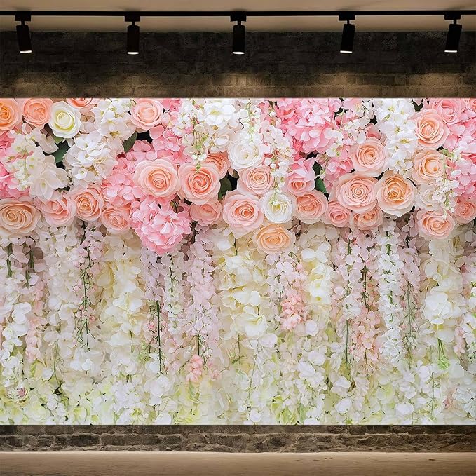 7x5ft Pink Rose Flower Wedding Photography Backdrop Spring Floral Photography Backdrop Valentine's Day Mother's Day Girl Birthday Baby Shower Wedding Bridal Party Banner Photo Booth Props Background