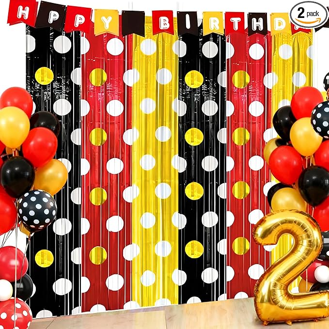 2 Packs Red Black Yellow Foil Fringe Curtain, Mouse Polka Dots Glitter Metallic by BSRESIN