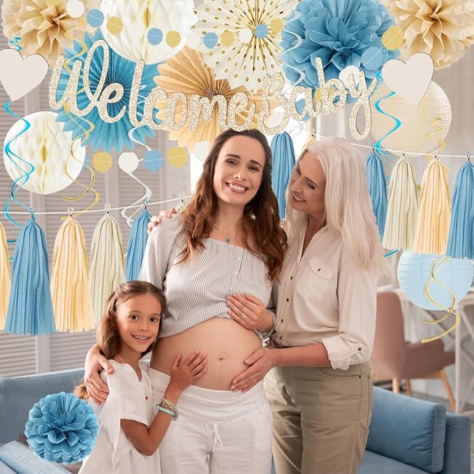 Light-Dusty Blue Boho Baby Shower Party-Decorations Beige Champagne Boy Neutral - Image 7