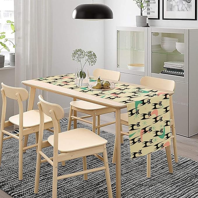 Mid Century Table Runner,Cat Geometric Stripe Colorful Abstract Pattern Print Tablecloth Burlap for Hotel Indoors Outdoor Dining Room Kitchen Holiday Party, 13x70in