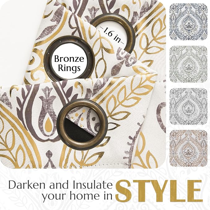 jinchan Gold Foil Blackout Curtains 84 Inch Damask Grommet 2 Panels | Room - Image 5