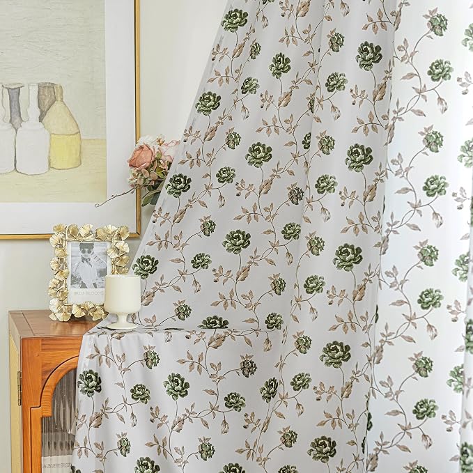 Beauoop Floral Sheer Curtains for Bedroom Green Brown 52x96 2 Panels | Semi - Image 6