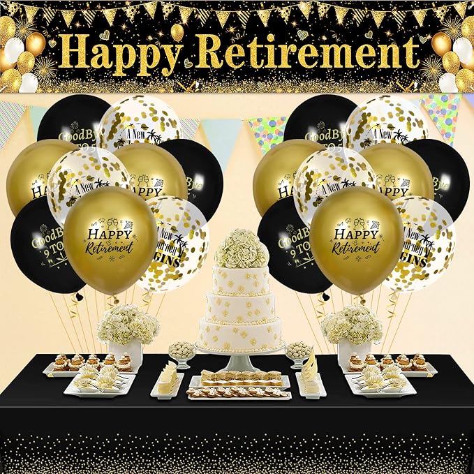 Retirement Party Decorations Black Gold Happy Retirement Banner and 18pcs - Image 2