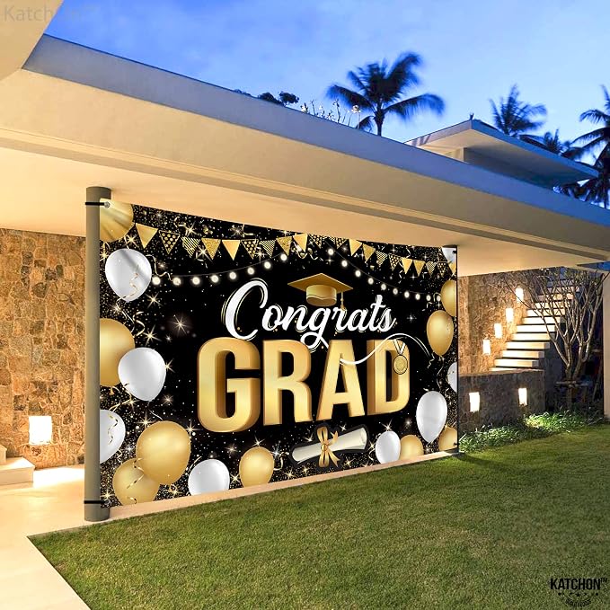 KatchOn Black and Gold Congrats Grad Banner 72x44 Inch | Graduation Decorations - Image 5