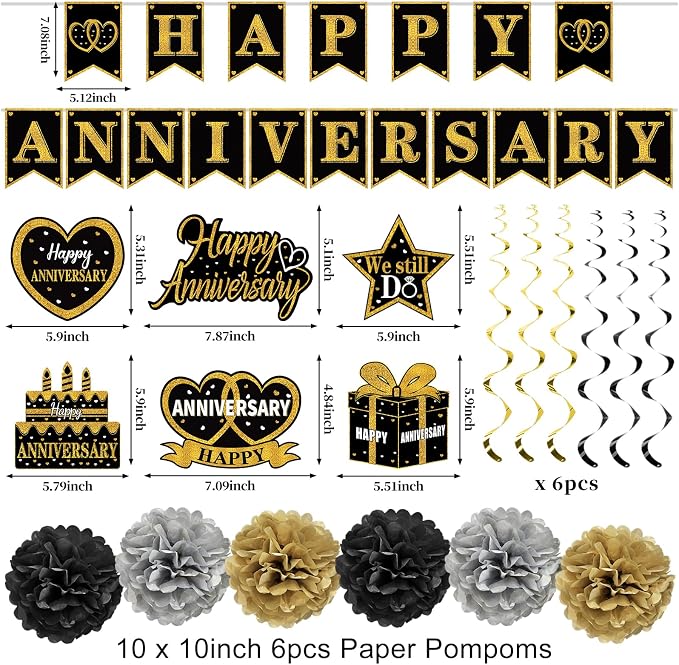 Turypaty Happy Wedding Anniversary Decorations Kit Supplies Black Gold | Large - Image 2