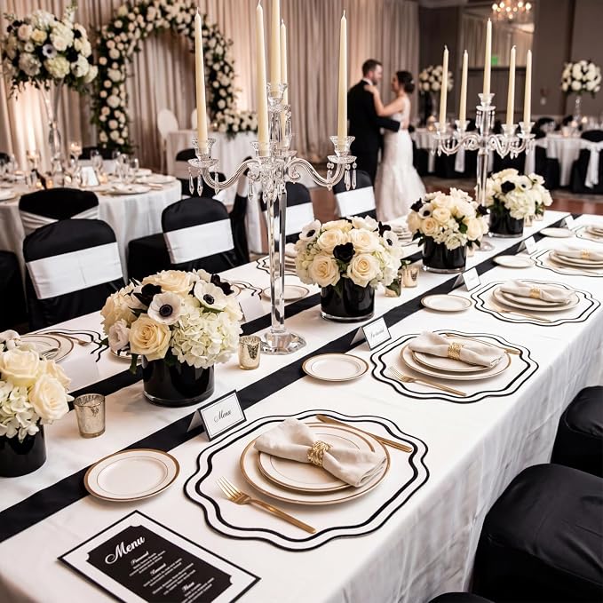 6 Pcs Black and White Wedding Placemats Scalloped Embroidered Cotton Linen - Image 6