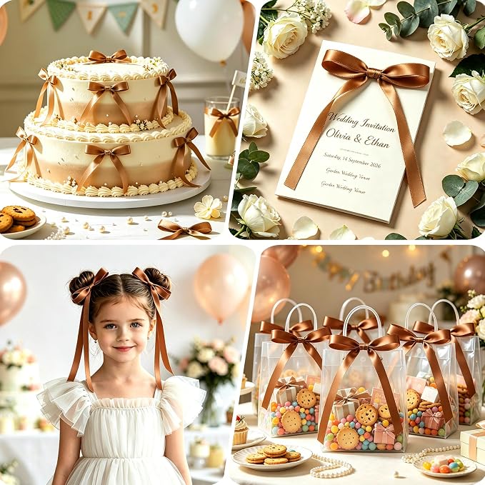 NEBURORA 50 Pcs Brown Bows for Cake Decoration Party Ribbon Bowknots | Pastel - Image 5