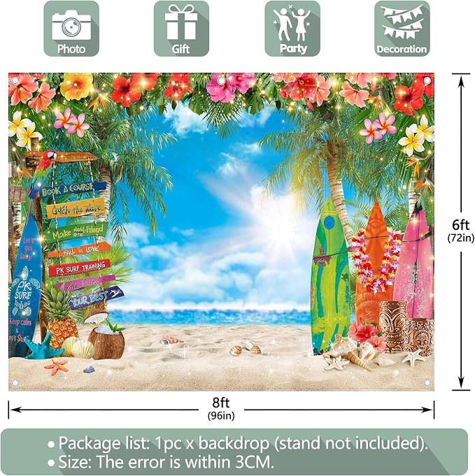 8x6ft Summer Hawaiian Beach Photography Tropical Luau Backdrop | Flower Palm - Image 4