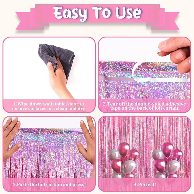 Voircoloria Pink Foil Fringe Backdrop Curtains, Birthday Party Decorations - Image 3