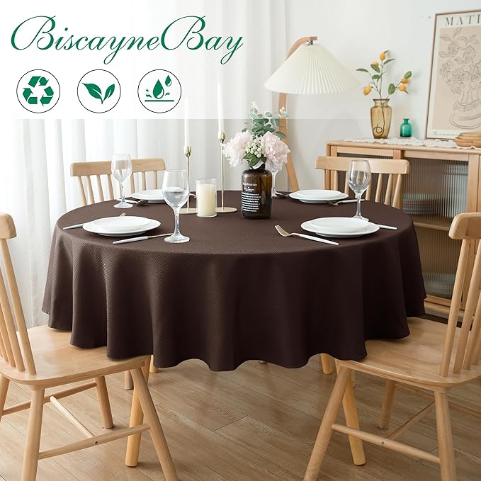 Biscaynebay Textured Fabric Tablecloths Round 60", Brown Water Resistant Table Cloth Small Circle Folding Table Covers for Dining, Kitchen, Wedding & Parties etc. Machine Washable
