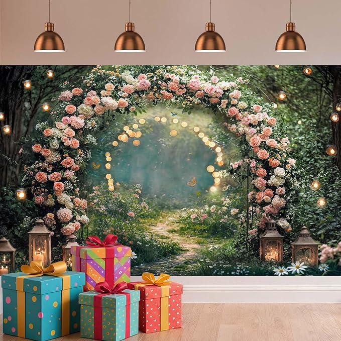 6x4ft Enchanted Forest Wedding Photography Backdrop Wonderland Roses Fairy Tale Backdrop Pink Flower Birthday Newborn Baby Shower Wedding Bridal Party Banner Photo Booth Props Anniversary Background