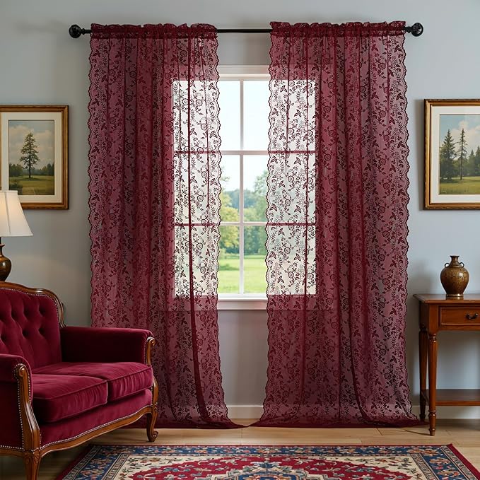 FINECITY Burgundy Lace Curtains Rustic Leaf Floral 42 x 84 Inch, 2 Panels | Rod by FINECITY