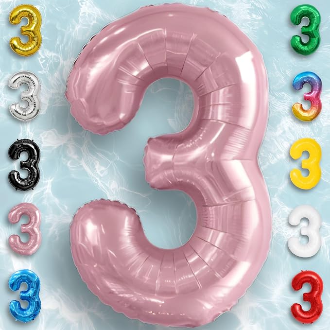 Pink Pearl Number Balloon 3 Mylar Foil Macaron Balloons 16 Inch - Image 3