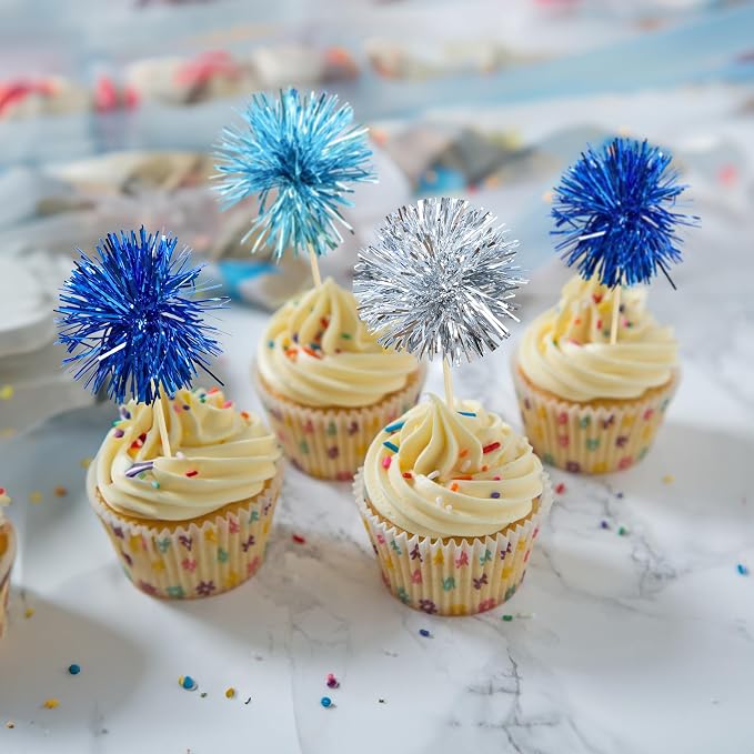 Gyufise 30Pcs Foil Firework Cupcake Toppers Sparkle Tinsel Cake Toppers Tinsel - Image 6