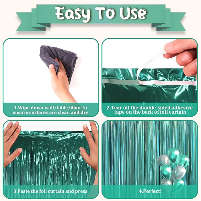 Voircoloria Retro Green Foil Fringe Backdrop Curtains, Birthday Party - Image 3