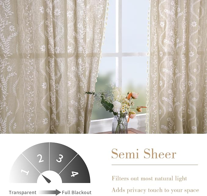Schweek Tan Beige 63 Inches Long Boho Tassels Curtains 2 Panels - Image 3