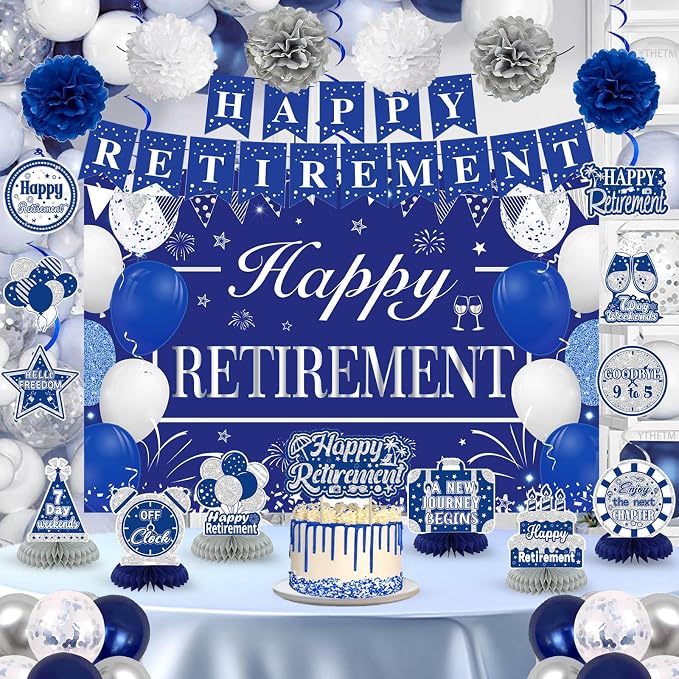 Retirement Party Decorations for Men Women Blue Silver Happy Retirement Banner - Image 6