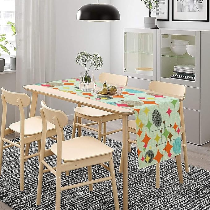 Mid Century Table Runner,Abstract Retro Modern Geometric Colorful Stripe Pattern Print Tablecloth Burlap for Hotel Indoors Outdoor Dining Room Kitchen Holiday Party, 13x36in