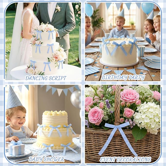 30 Pack Bow Cake Toppers Blue Gingham Ribbons Bows - Image 6