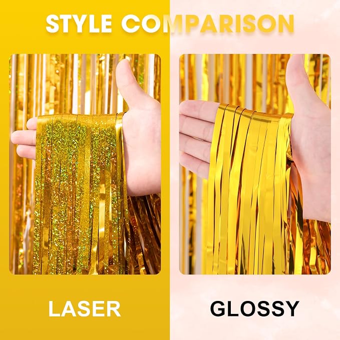Voircoloria Laser Gold Foil Fringe Backdrop Curtains, 2 Pack | Tinsel Streamers - Image 3